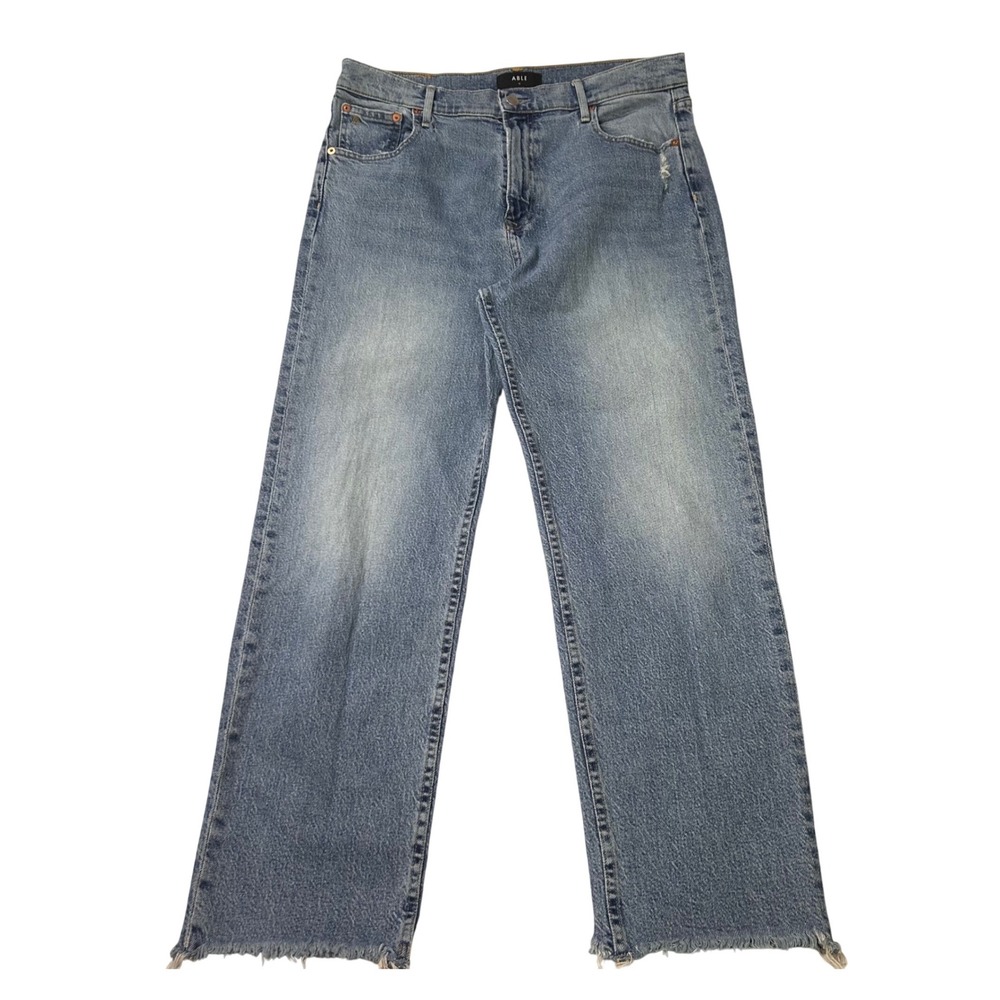 ABLE Jeans High Rise Straight Leg Raw Hem 32 Blue Distressed Casual Boho